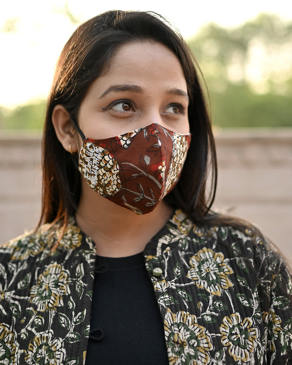 Cotton 3 Layer Adjustable Mask Dark Brown Floral print (6668201754723)