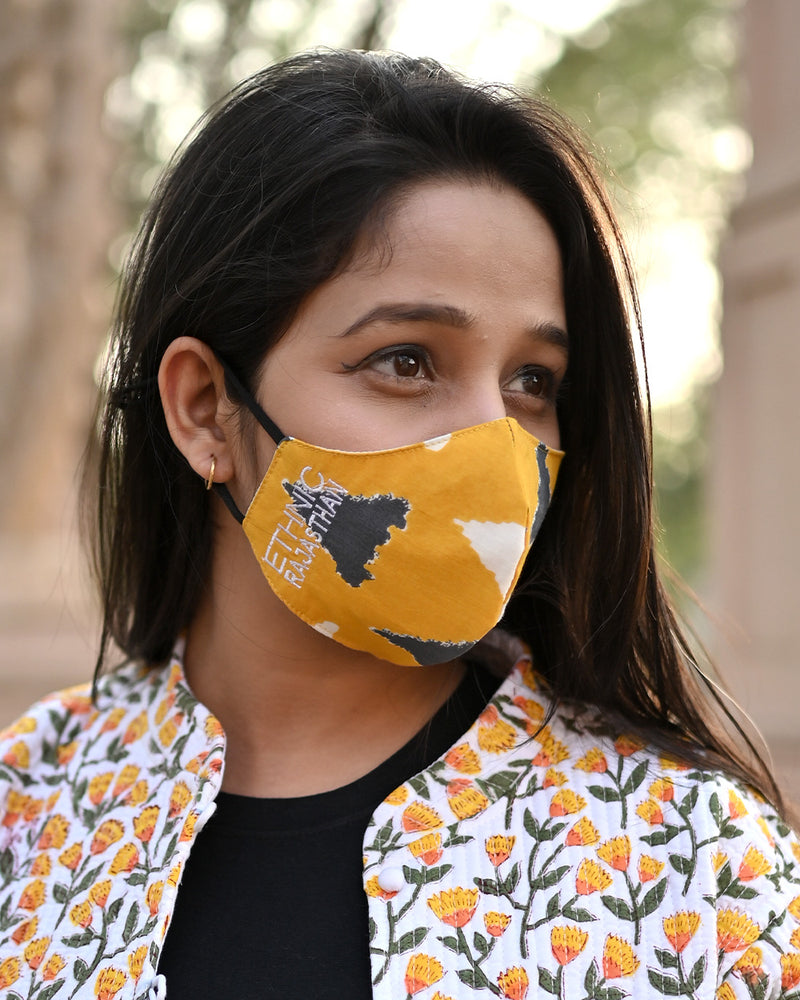 Cotton 3 Layer Adjustable Mask Yellow Grey Triangles (6668201820259)