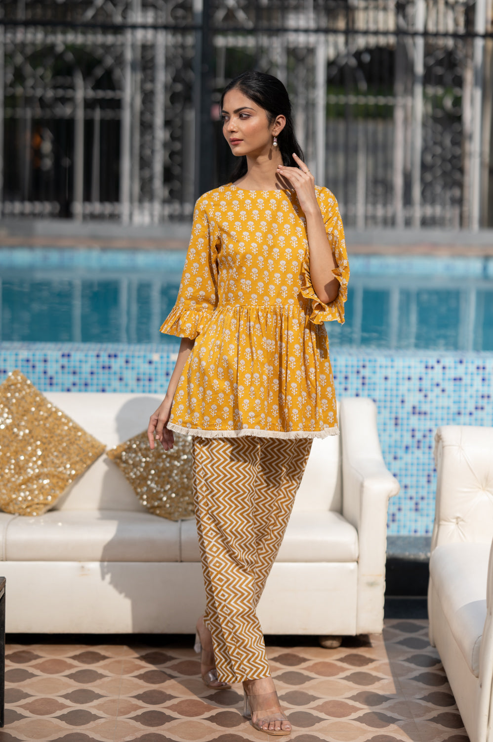 Cotton Halo Yellow Top With Yellow Pant Set