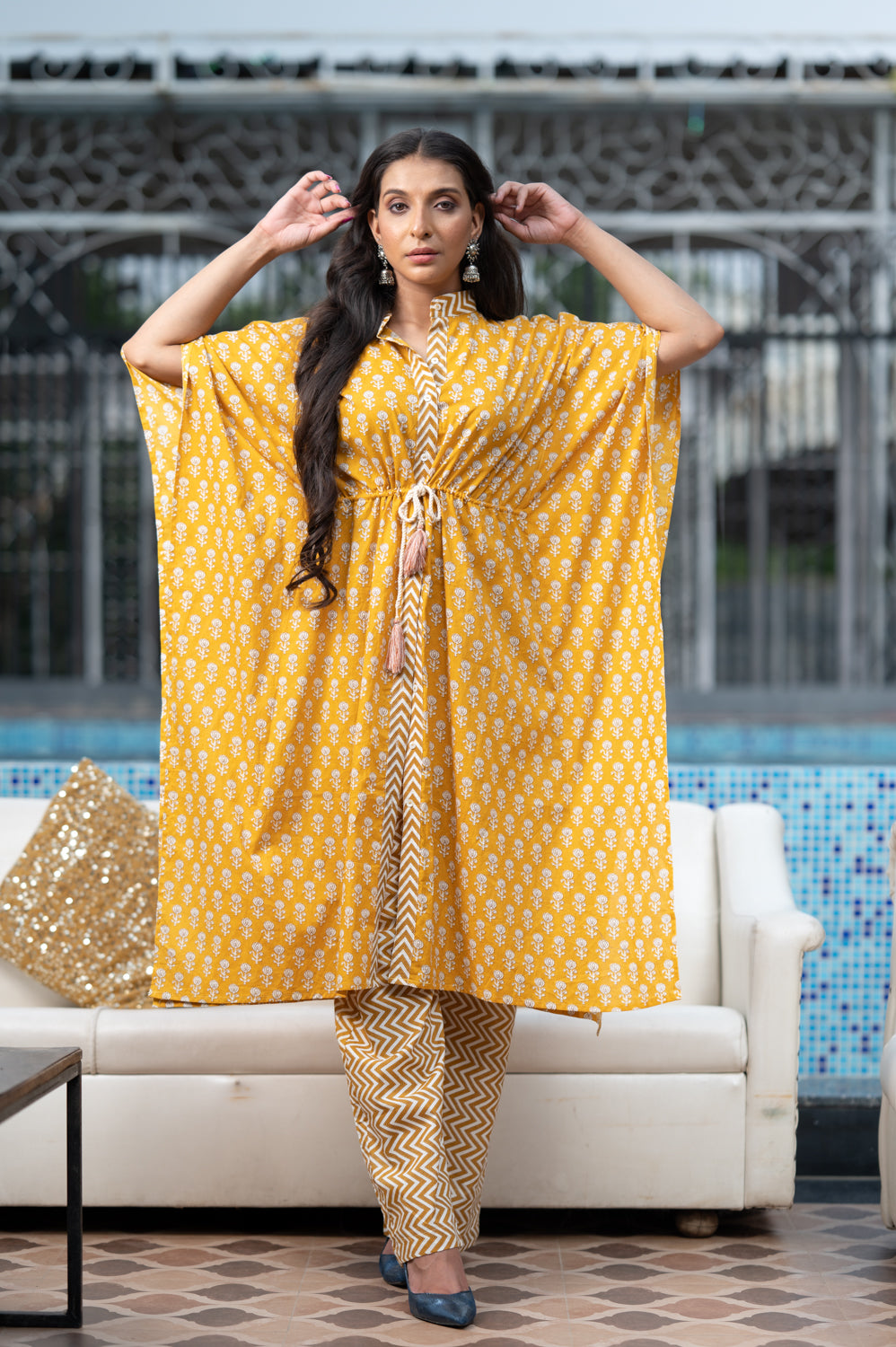 Cotton Sunflower Yellow Kaftan With Pant Set1