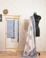 Cotton Unstitched Suit Cotton Dupatta Light Blue Floral Block Print (6752925483107)