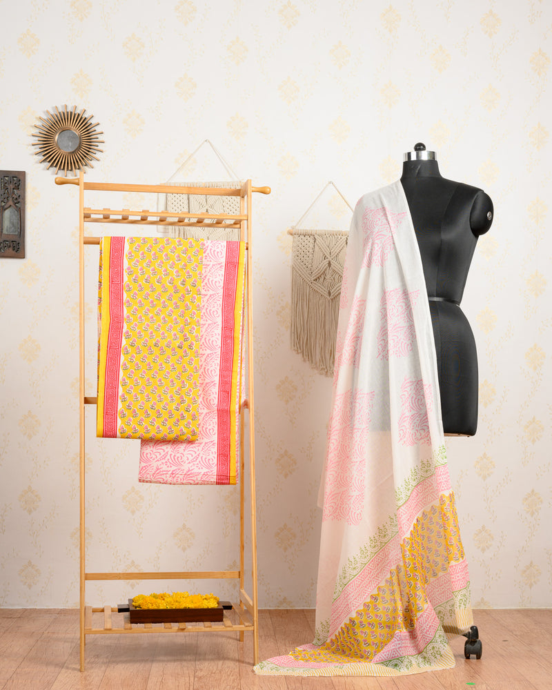 Cotton Unstitched Suit Cotton Dupatta Yellow Pink Booti Block Print (6741644836963)