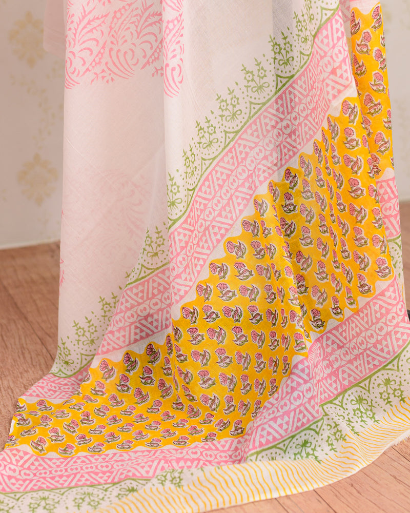 Cotton Unstitched Suit Cotton Dupatta Yellow Pink Booti Block Print 2 (6741644836963)