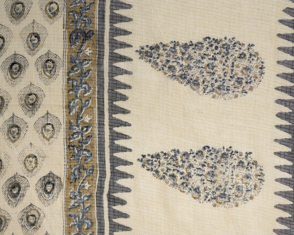 Cotton Unstitched Suit Kota Doria Dupatta Beige Black Morpankh Bagru Print 1 (6721582923875)