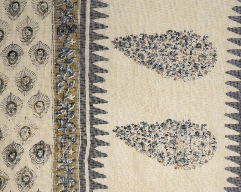 Cotton Unstitched Suit Kota Doria Dupatta Beige Black Morpankh Bagru Print 1 (6721582923875)