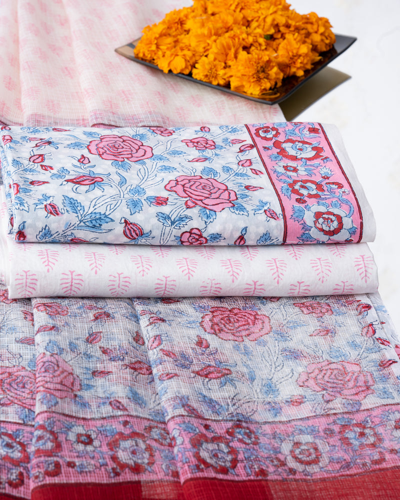Cotton Unstitched Suit with Kota Doria Dupatta Pink Blue Rose Jaal Block Print (6800593027171)