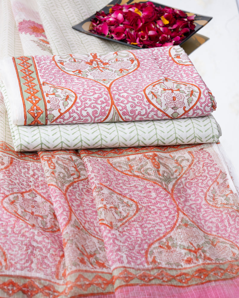 Cotton Unstitched Suit with Kota Doria Dupatta Pink Red Jaal Block Print (6800593059939)