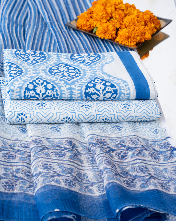 Cotton Unstitched Suit with Kota Doria Dupatta Blue Dual Tone Bel Block Print (6800595386467)