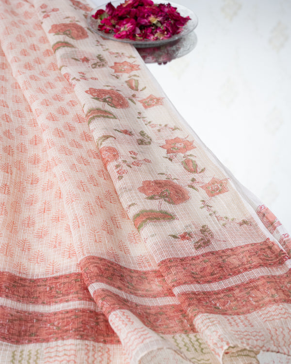 Cotton Unstitched Suit Kota Doria Dupatta Pink Green Floral Block Print (6768892215395)