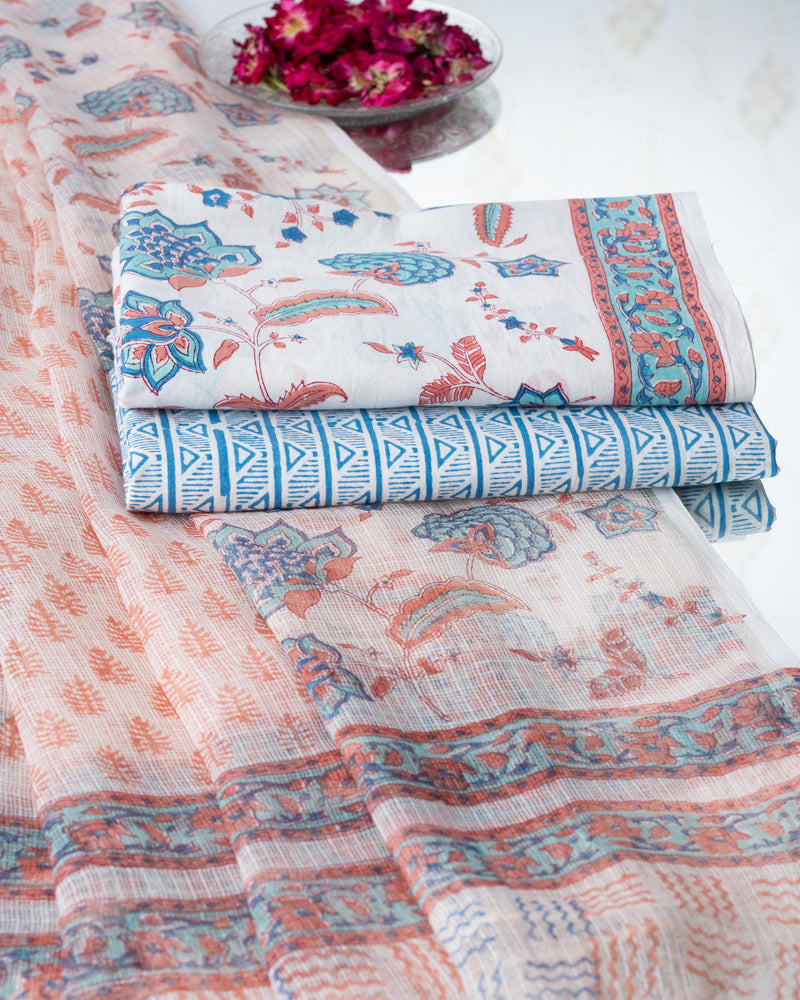Cotton Unstitched Suit Kota Doria Dupatta Light Blue Floral Block Print (6768892248163)