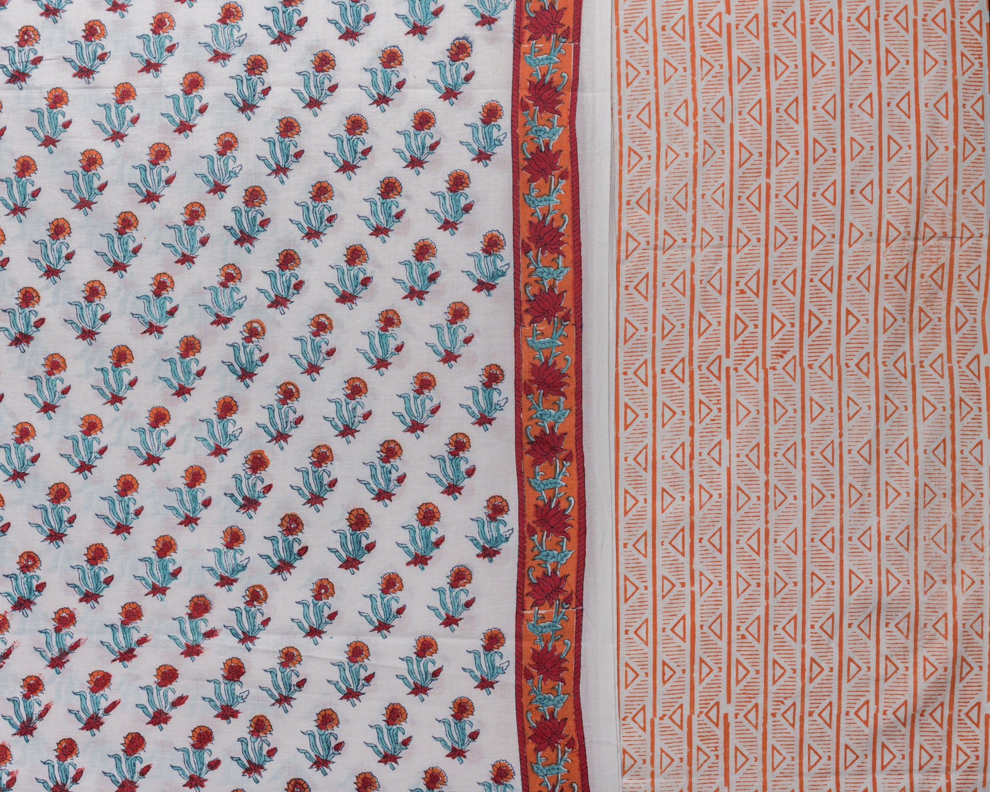 Cotton Unstitched Suit Kota Doria Dupatta Orange Green Booti Block Print 2 (6741645230179)