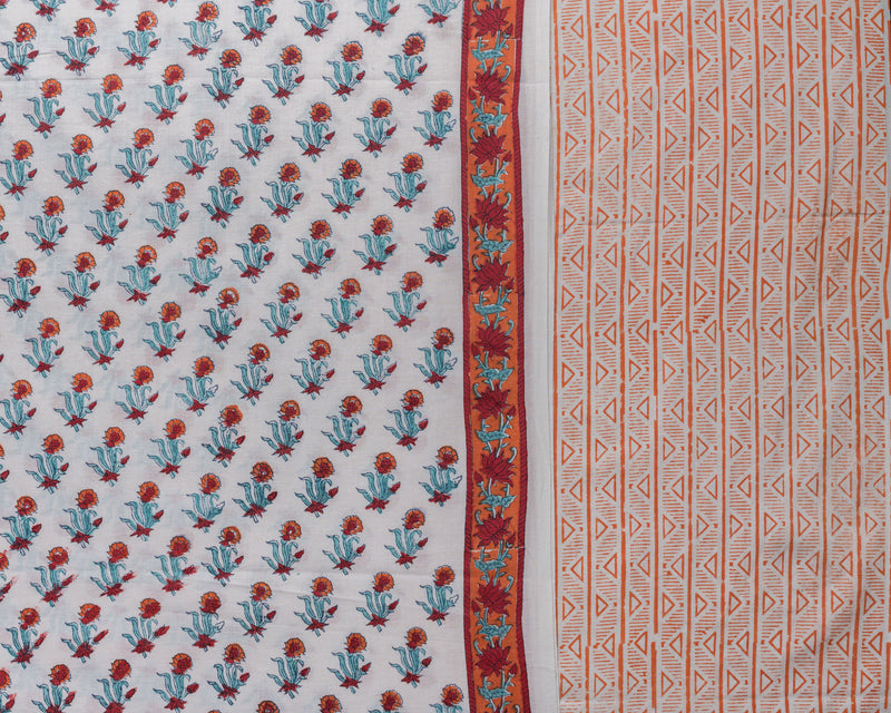 Cotton Unstitched Suit Kota Doria Dupatta Orange Green Booti Block Print 2 (6741645230179)