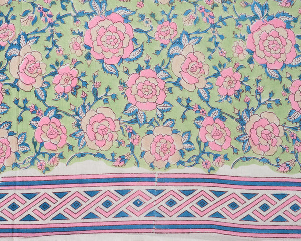 Cotton Unstitched Suit Kota Doria Dupatta Green Pink Rose Jaal Block Print 1 (6721583612003)