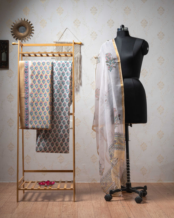 Cotton Unstitched Suit Kota Doria Dupatta Light Brown Booti Block Print (6752927547491)