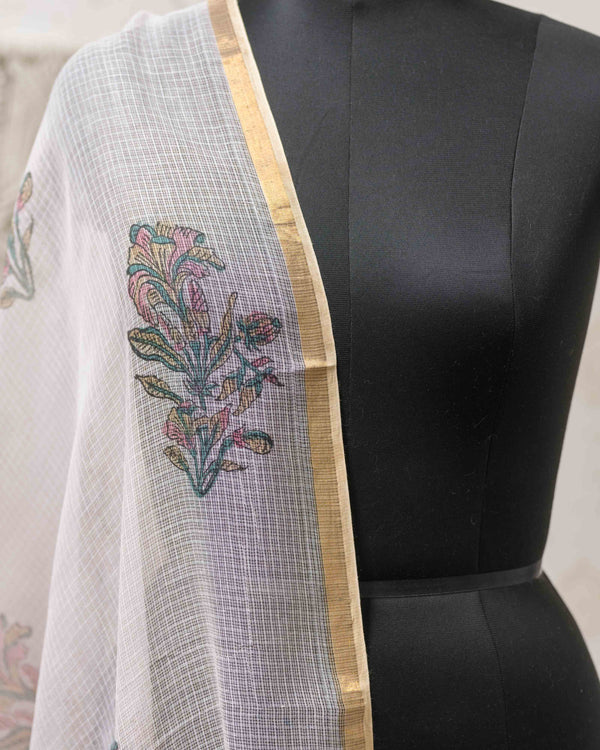 Cotton Unstitched Suit Kota Doria Dupatta Light Brown Booti Block Print 1 (6752927547491)