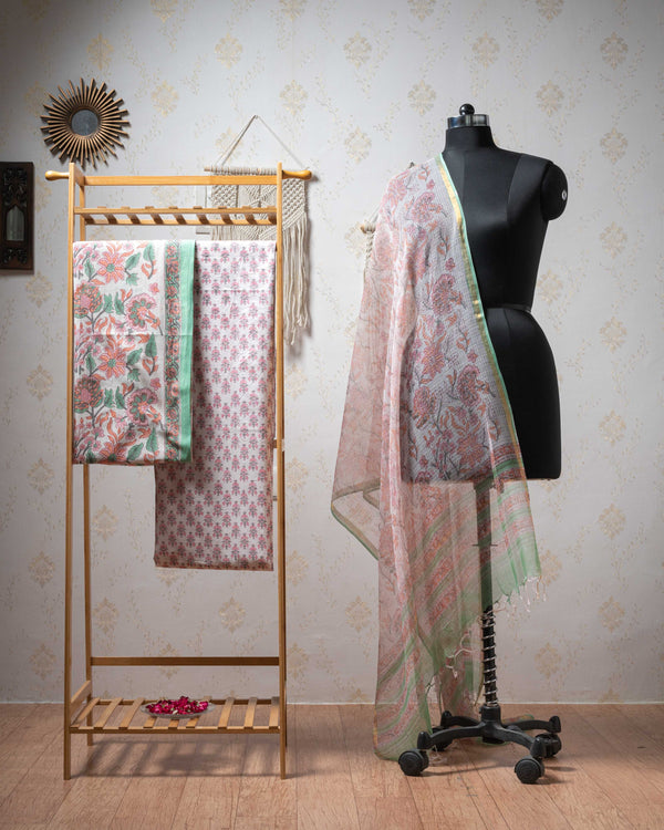 Cotton Unstitched Suit Kota Doria Dupatta Orange Green Jaal Block Print (6752927613027)