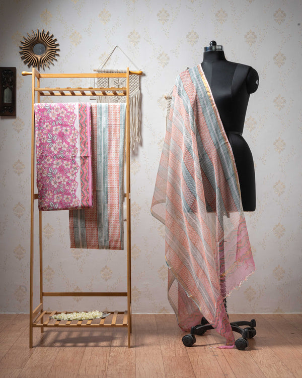 Cotton Unstitched Suit Kota Doria Dupatta Pink Orange Jaal Block Print (6752927711331)