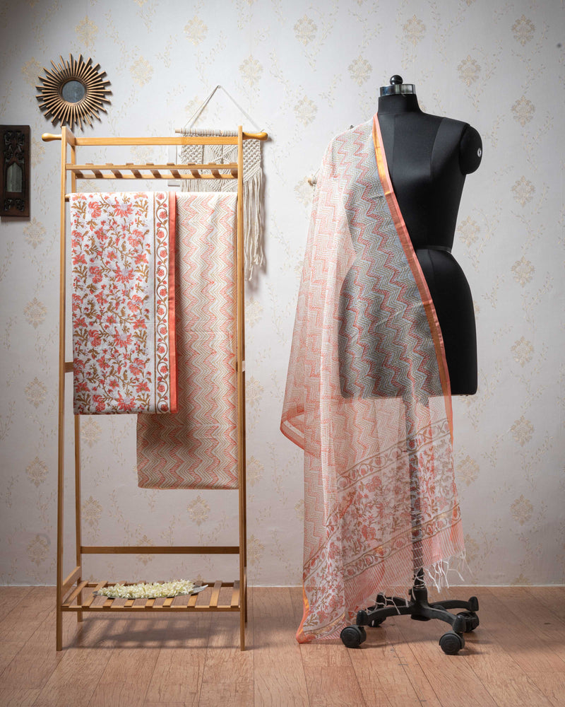 Cotton Unstitched Suit Kota Doria Dupatta Orange Green Jaal Block Print (6752927776867)