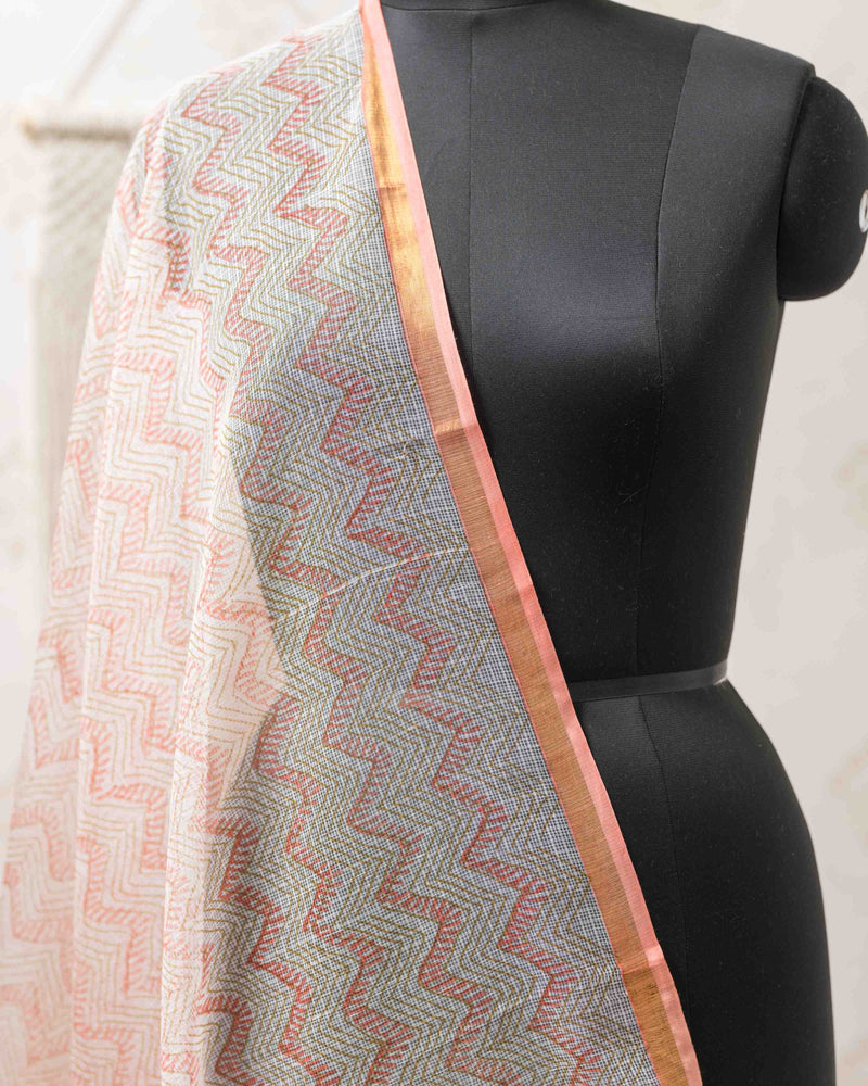 Cotton Unstitched Suit Kota Doria Dupatta Orange Green Jaal Block Print 2 (6752927776867)