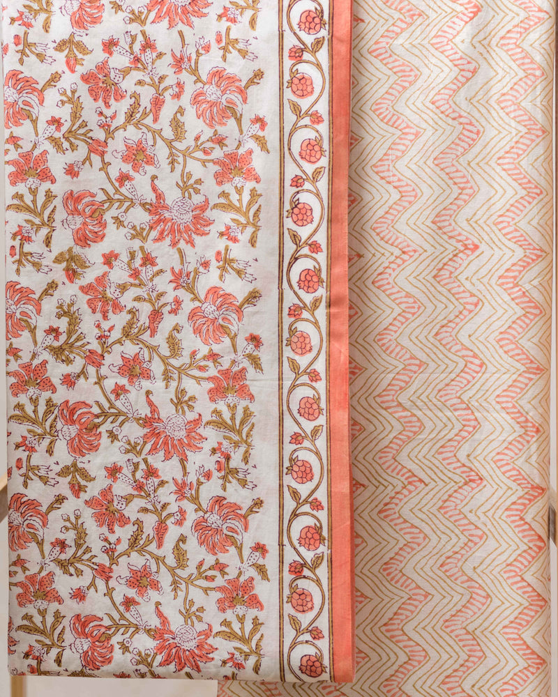 Cotton Unstitched Suit Kota Doria Dupatta Orange Green Jaal Block Print 1 (6752927776867)