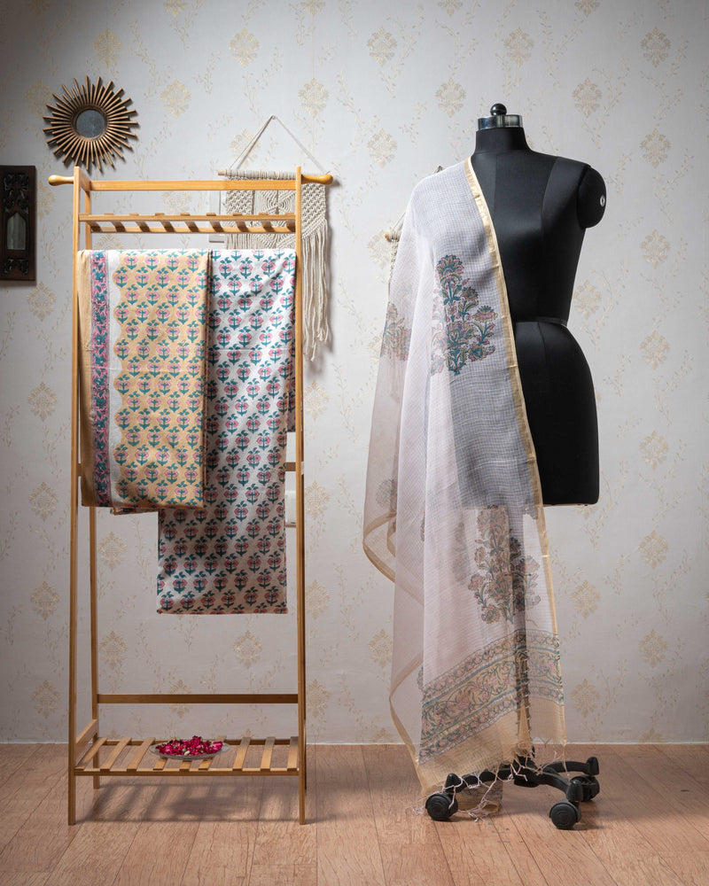 Cotton Unstitched Suit Kota Doria Dupatta Light Brown Booti Block Print (6752927809635)