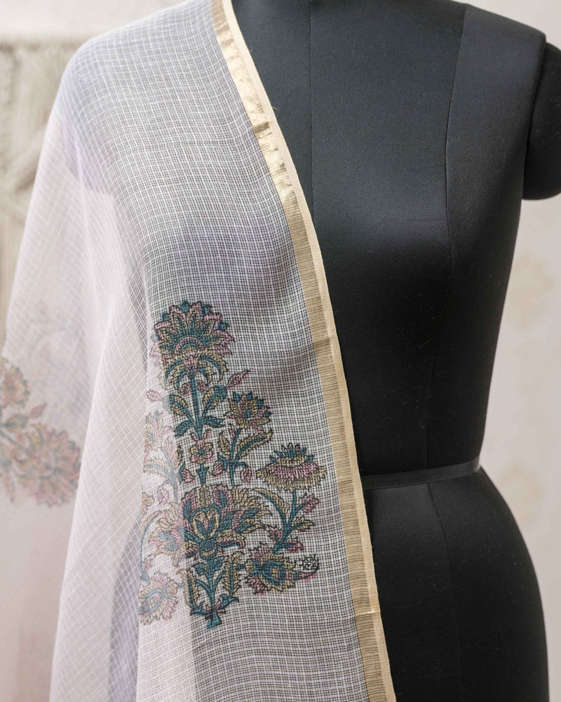 Cotton Unstitched Suit Kota Doria Dupatta Light Brown Booti Block Print 2 (6752927809635)