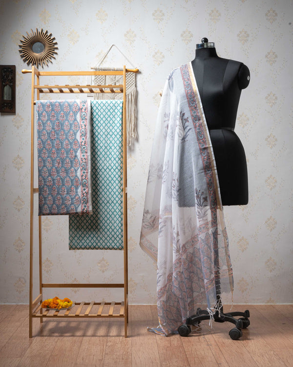 Cotton Unstitched Suit Kota Doria Dupatta Grey Pink Booti Block Print (6752928071779)