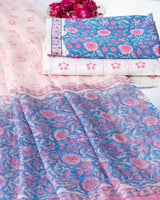 Cotton Unstitched Suit Kota Doria Dupatta Blue Pink Jaal Block Print (6768892444771)