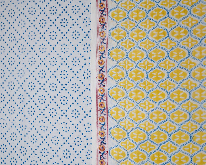 Cotton Unstitched Suit Kota Doria Dupatta Yellow Blue Jaali Block Print (6768892510307)