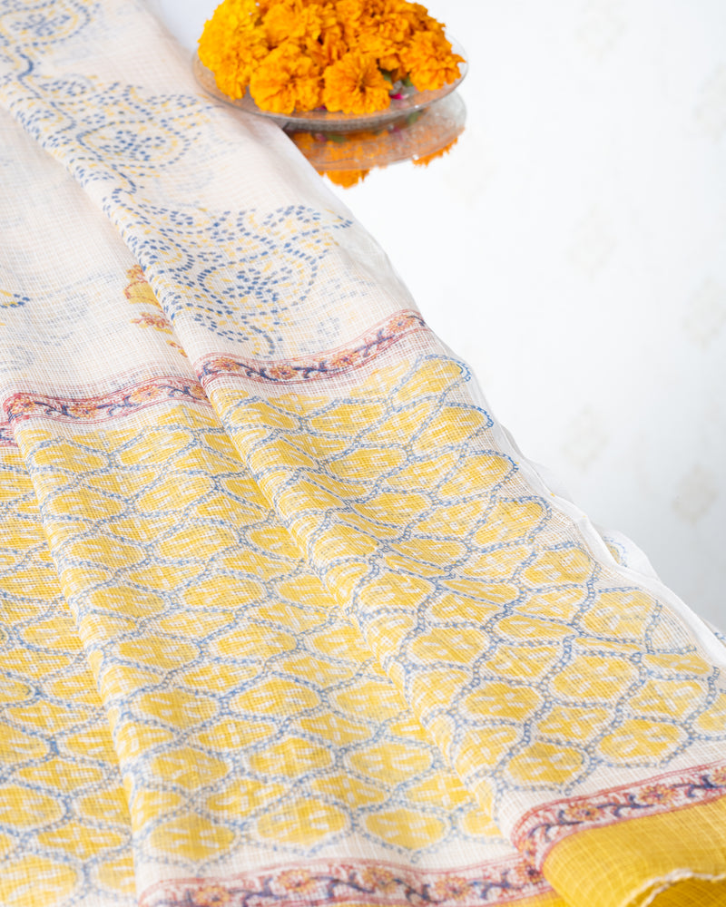 Cotton Unstitched Suit Kota Doria Dupatta Yellow Blue Jaali Block Print (6768892510307)