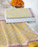 Cotton Unstitched Suit Kota Doria Dupatta Yellow Blue Jaali Block Print (6768892510307)