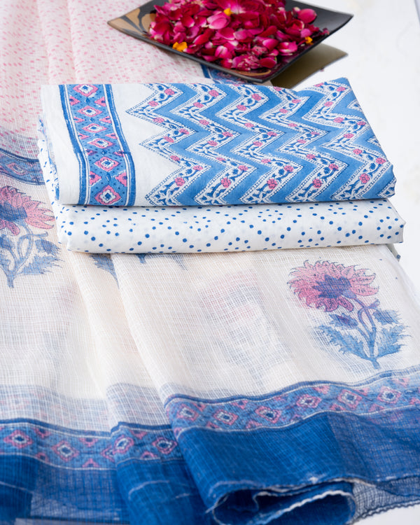Cotton Unstitched Suit with Kota Doria Dupatta Blue Pink Leheriya Block Print (6800593289315)