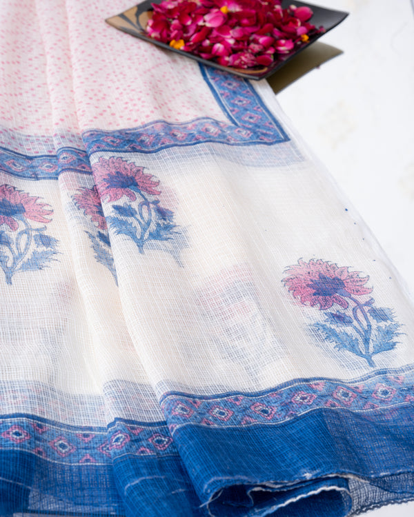 Cotton Unstitched Suit with Kota Doria Dupatta Blue Pink Leheriya Block Print (6800593289315)