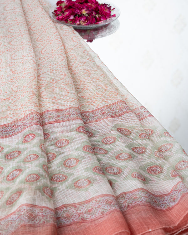 Cotton Unstitched Suit Kota Doria Dupatta Green Peach Floral Block Print (6768892608611)