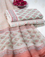 Cotton Unstitched Suit Kota Doria Dupatta Green Peach Floral Block Print (6768892608611)