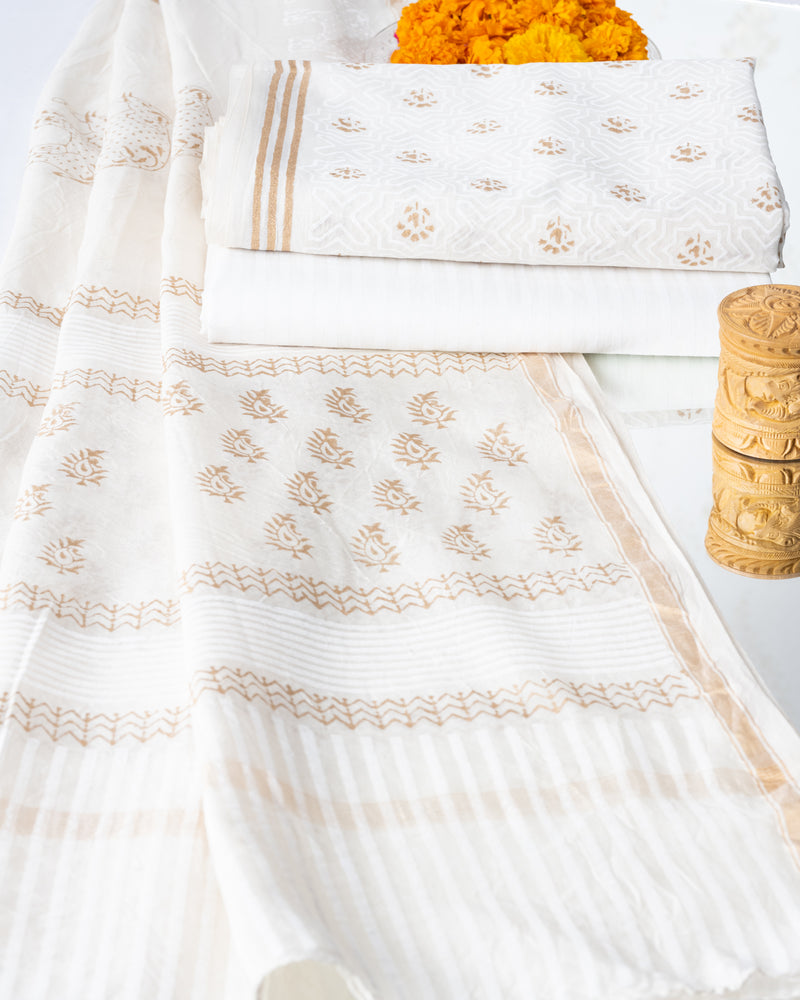 Chanderi Unstitched Suit White Gold Booti Block Print (6768897851491)