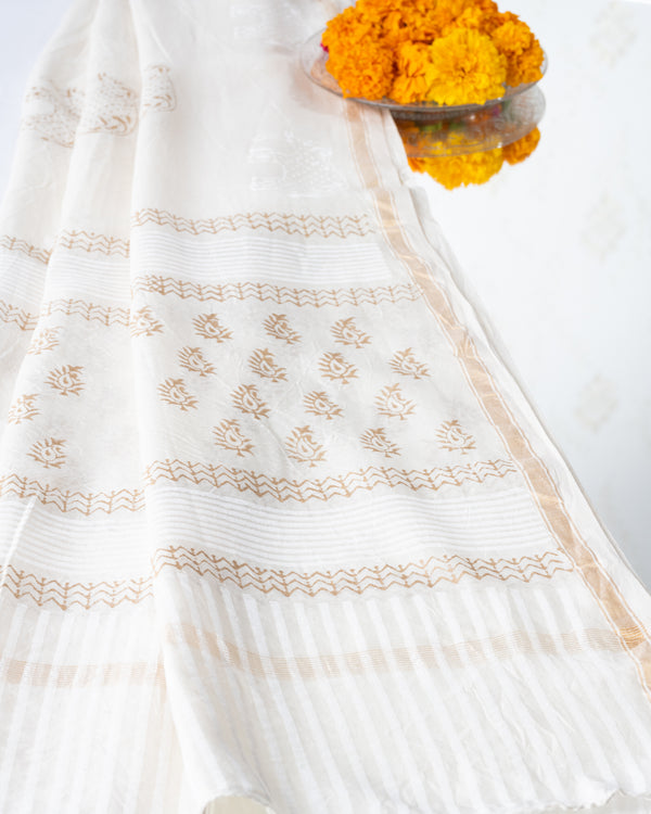 Chanderi Unstitched Suit White Gold Booti Block Print (6768897851491)