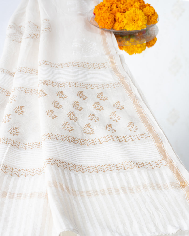 Chanderi Unstitched Suit White Gold Booti Block Print (6768897851491)