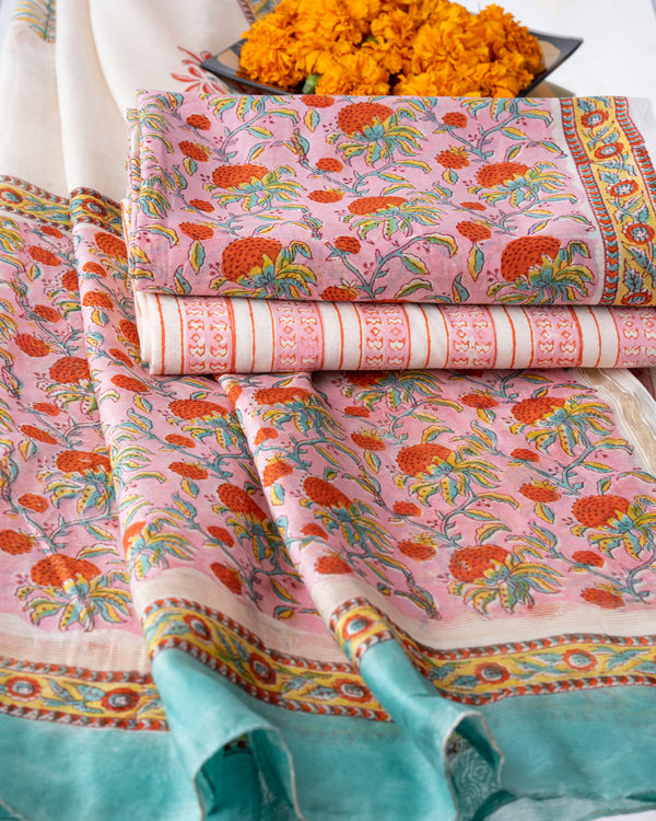 Chanderi Unstitched Suit Red Green Leheriya Block Print (6800594534499)