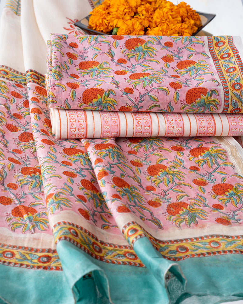 Chanderi Unstitched Suit Red Green Leheriya Block Print (6800594534499)