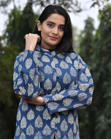 Cotton Full Sleeves Quilted Jacket Indigo Leaf Block Print 2 (6670640349283)