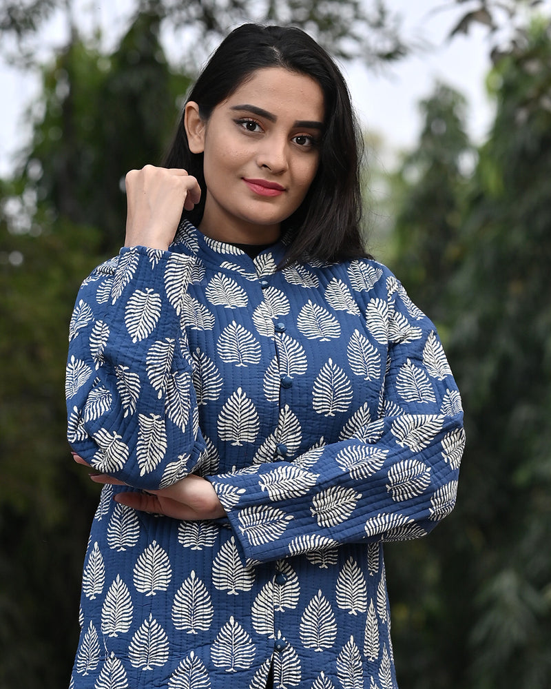 Cotton Full Sleeves Quilted Jacket Indigo Leaf Block Print 2 (6670640349283)