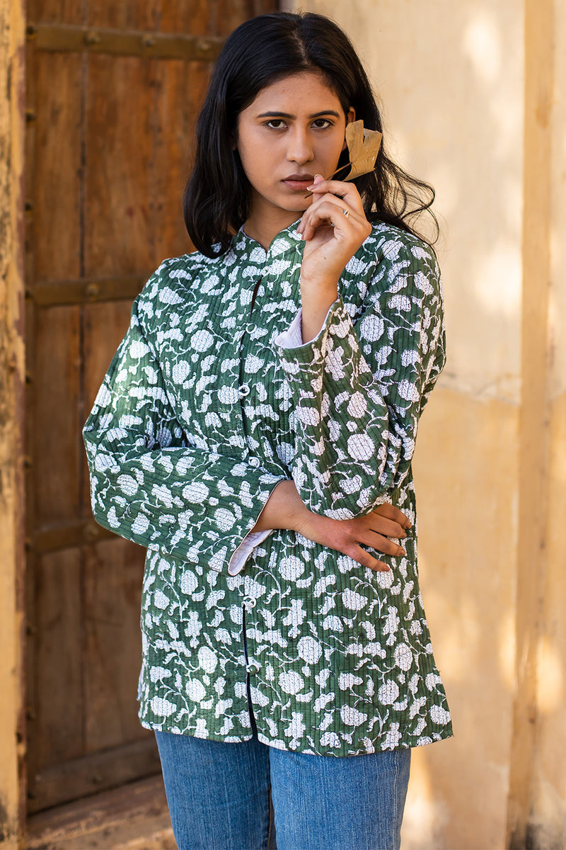 Cotton Full Sleeves Quilted Jacket White Green Floral Block Print