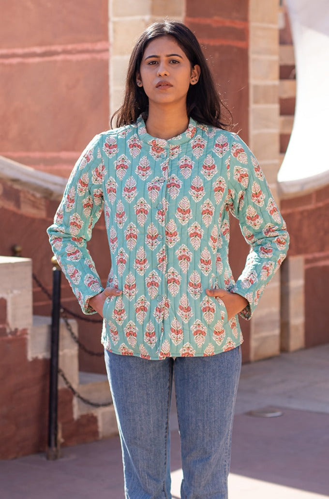 Cotton Quilted Reversible Full-SleeveJacket | Green & Pink