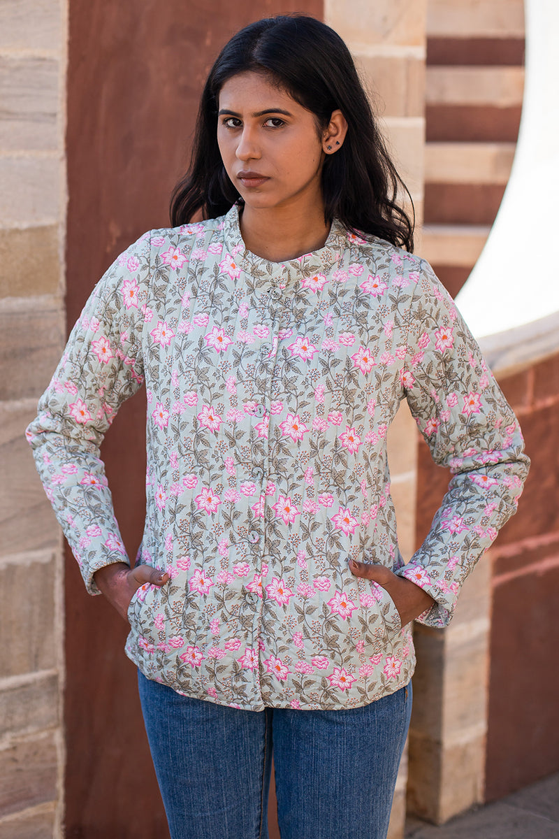 Cotton Reversible Quilted Jacket | Pink & Green