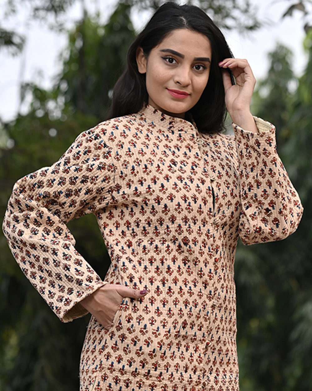 Cotton Long Coat Quilted Jacket Brown Booti Bagru Block Print 2 (6670640382051)