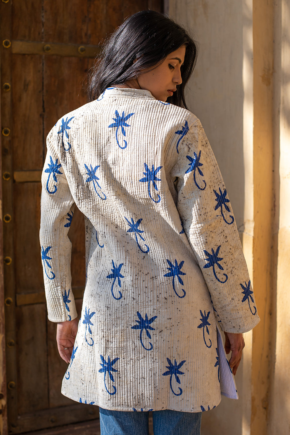 Cotton Long Coat Quilted Jacket Stone Wash Floral Dabu Print