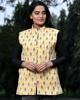 Cotton Sleeveless Quilted Jacket Lemon Yellow Floral Block Print 3 (6670640644195)