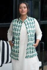 Teal Blue on White Half Sleeves Quilted Jacket (6849074790499)