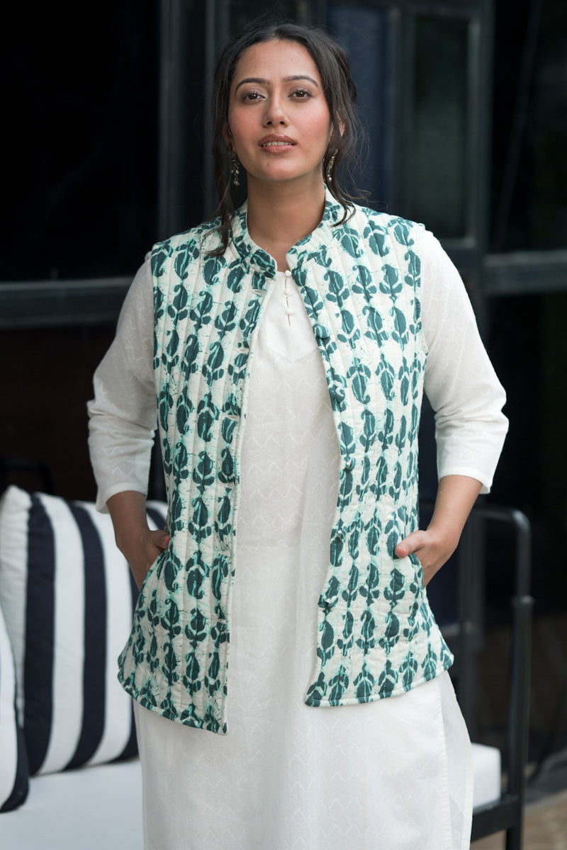 Teal Blue on White Half Sleeves Quilted Jacket (6849074790499)